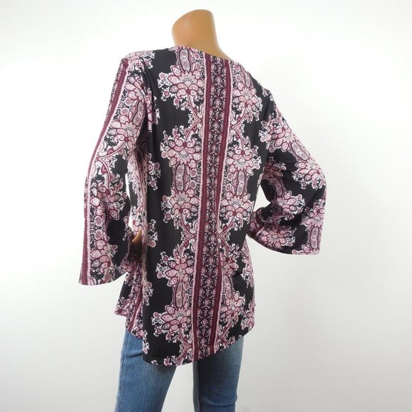 DRESSBARN Top L Tunic Blouse Red/Black Print Stretch V-Neck 3/4 Asymmetric Slvs - Picture 8 of 11
